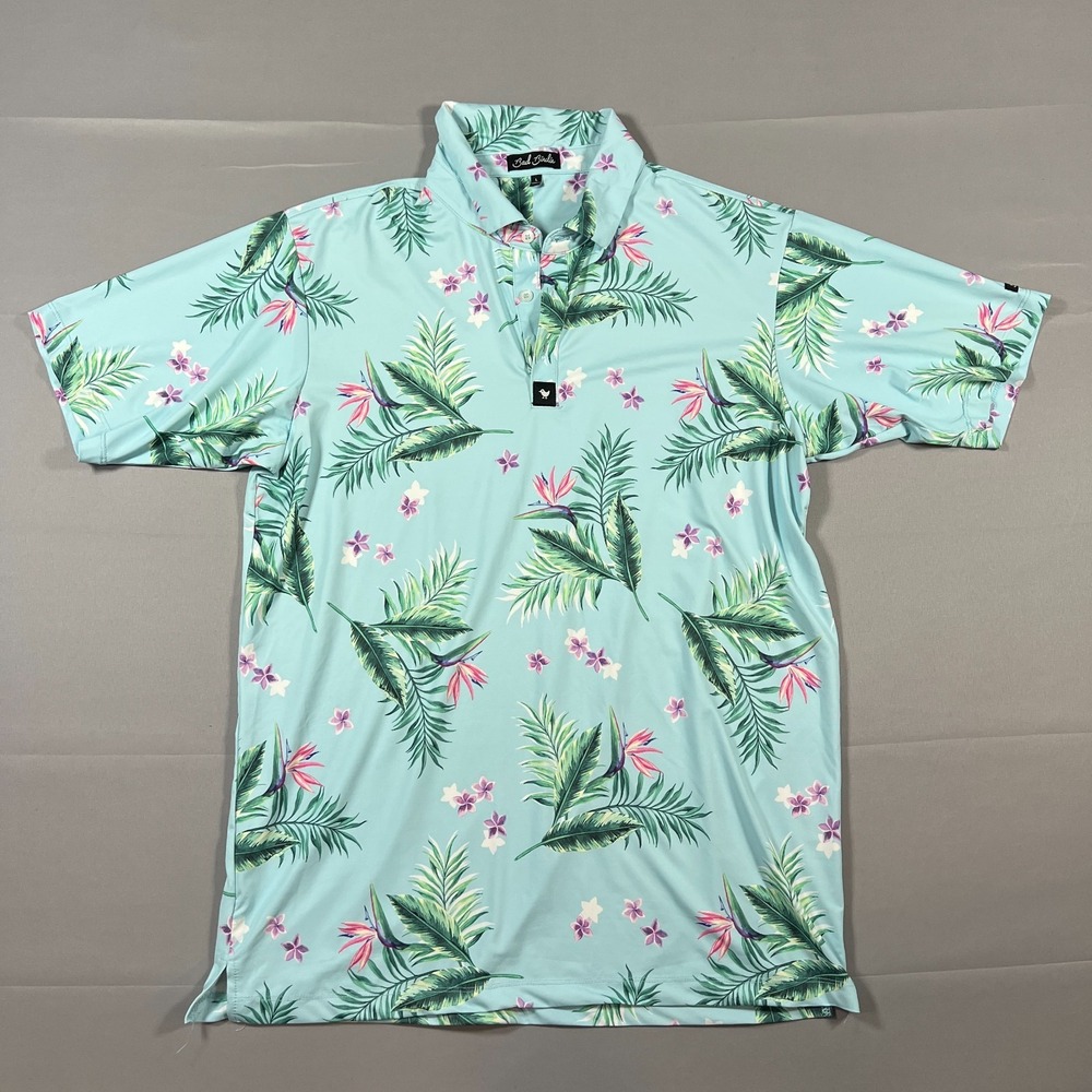 Bad Birdie Performance Polo Shirt Men Large Light Blue Leaf Print Side Slit Golf